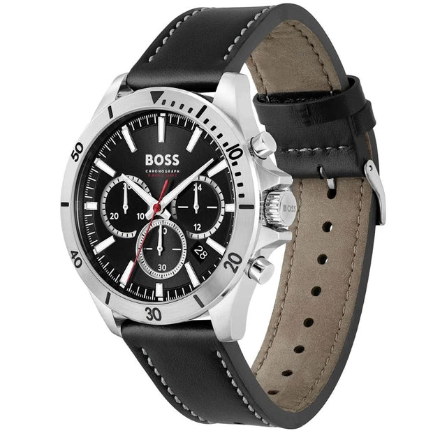 BOSS Analog Quartz Chronograph Watch with Black Dial and Black Leather Band - Model 1514055