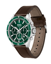 Hugo Boss Dark Brown Leather Green Dial Chronograph Men's Watch - 1514098