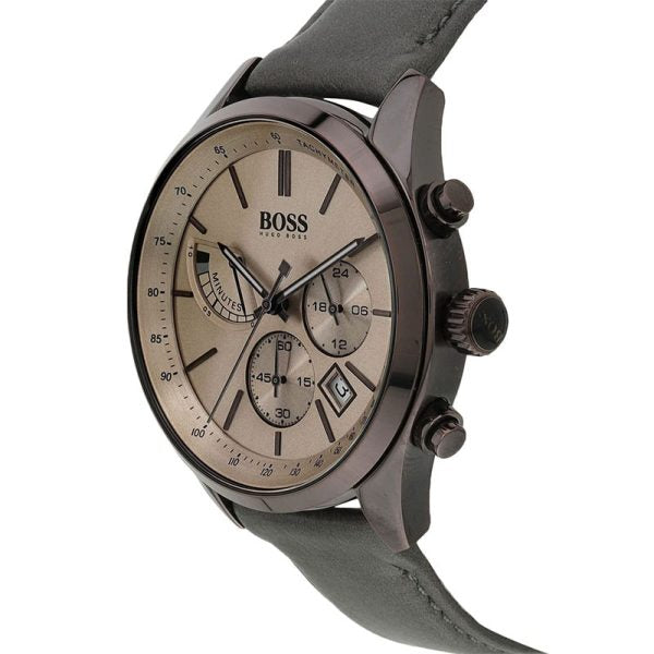 Hugo BOSS® Men’s Quartz Grey Leather Strap Gold Dial 44mm Watch 1513603