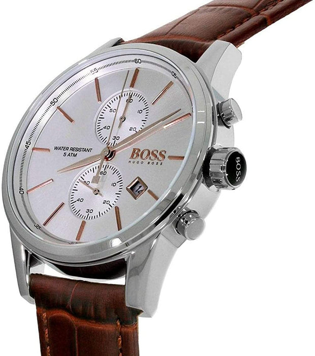 Hugo Boss Jet Silver Dial Brown Leather Chronograph Men’s Stainless Steel 42mm Watch - 1513280