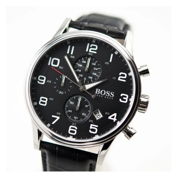 Hugo Boss® Men’s Chronograph Leather Strap Stainless Steel Black Dial 44 mm Watch - HB 1512448