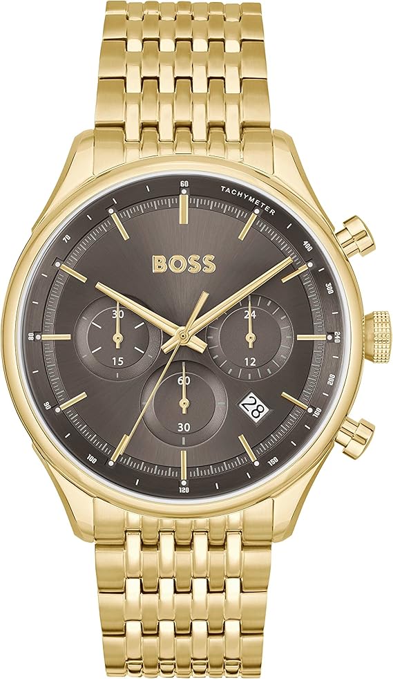 BOSS Chronograph Analog Quartz Watch with Gray Dial and Gold-Plated Stainless Steel Bracelet - Model 1514051