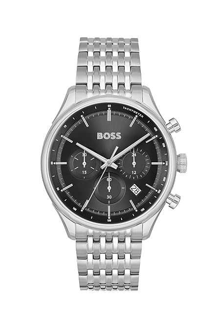 HUGO BOSS Multi-Function Analog Quartz Watch with Black Dial and Silver Stainless Steel Bracelet - Model 1514082