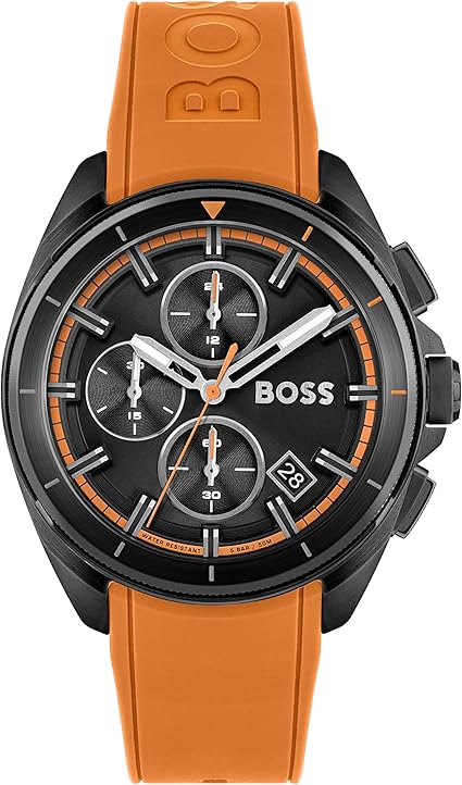 Hugo Boss Men’s Quartz Orange Silicone Strap Black Dial 44mm Watch 1513957