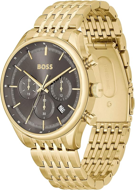 BOSS Chronograph Analog Quartz Watch with Gray Dial and Gold-Plated Stainless Steel Bracelet - Model 1514051