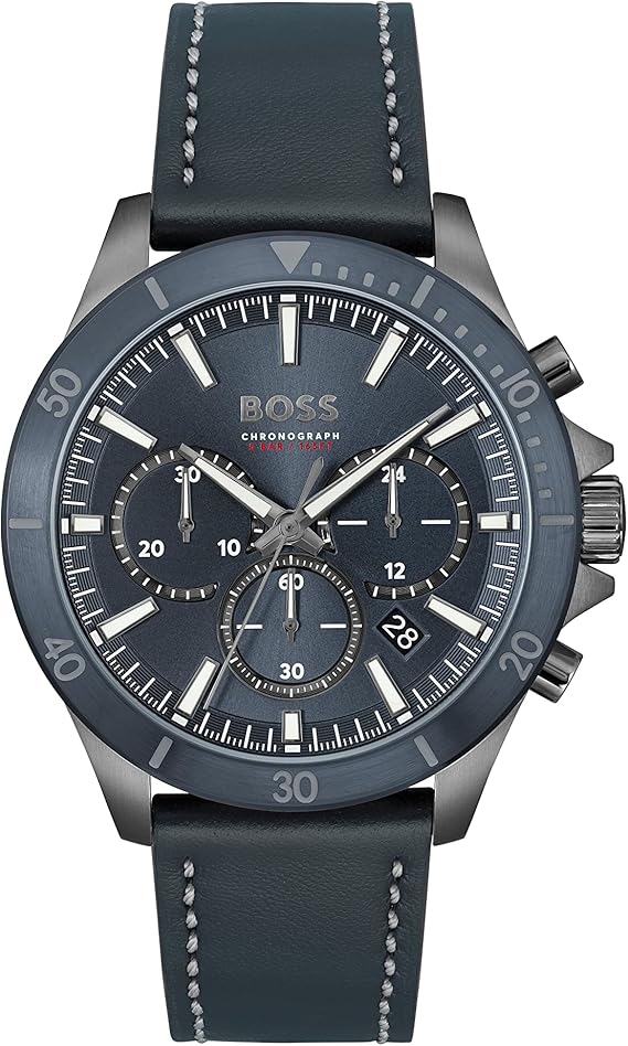 BOSS Analog Quartz Chronograph Watch with Blue Dial and Blue Leather Band - Model 1514056