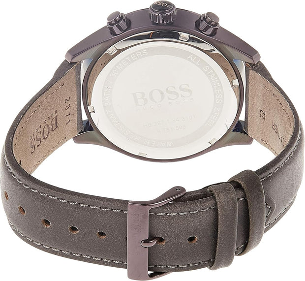 Hugo BOSS® Men’s Quartz Grey Leather Strap Gold Dial 44mm Watch 1513603