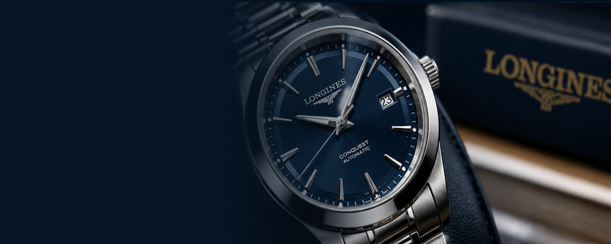 Longines-inspired blue dial watch on navy background for Classic Retro Metro homepage