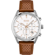 Hugo BOSS® Champion Brown Leather Strap Men's Watch  Stainless Steel White Dial 44 mm 1513879