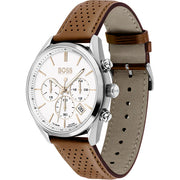 Hugo BOSS® Champion Brown Leather Strap Men's Watch  Stainless Steel White Dial 44 mm 1513879