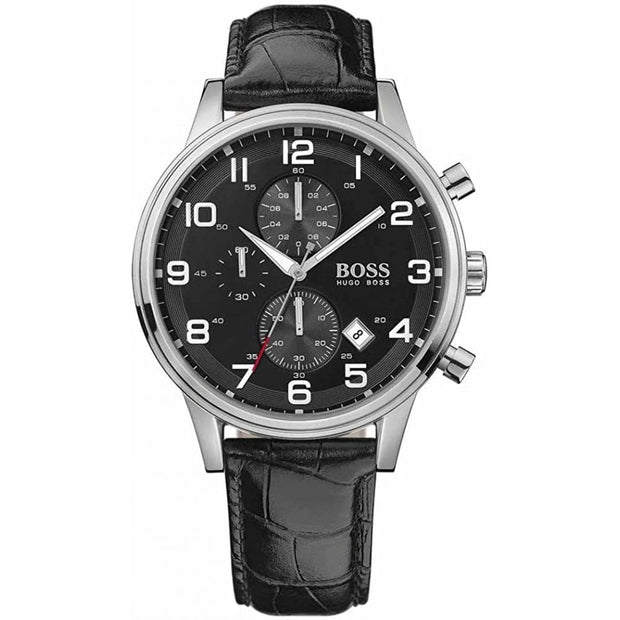 Hugo Boss® Men’s Chronograph Leather Strap Stainless Steel Black Dial 44 mm Watch - HB 1512448