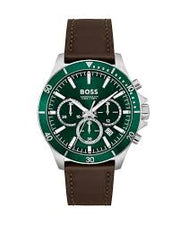 Hugo Boss Dark Brown Leather Green Dial Chronograph Men's Watch - 1514098