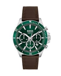 Hugo Boss Dark Brown Leather Green Dial Chronograph Men's Watch - 1514098