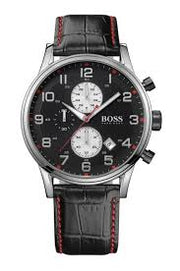 Hugo Boss® Aeroliner Black Dial Leather Strap Men’s Chronograph Stainless Steel Black Dial 44mm Watch - 1512631