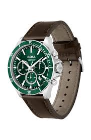 Hugo Boss Dark Brown Leather Green Dial Chronograph Men's Watch - 1514098