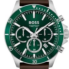 Hugo Boss Dark Brown Leather Green Dial Chronograph Men's Watch - 1514098