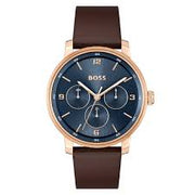 BOSS Chronograph Quartz Watch with Blue Sunray Dial and Brown Leather Band - Model 1514050