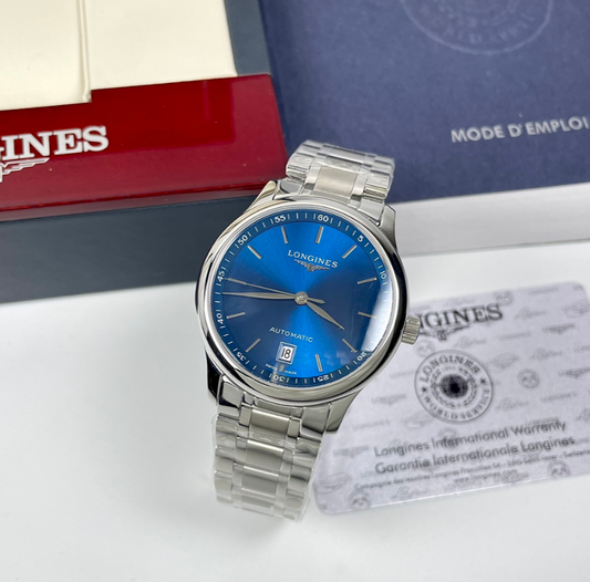 Longines Master Collection 38.5mm blue dial watch – front view