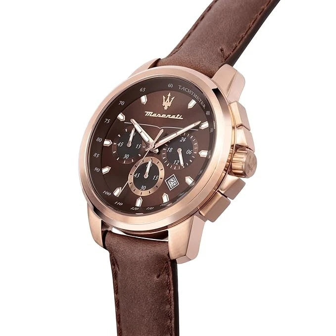 Maserati Successo Men's R8871621004 Quartz Steel Watch Brown Dial Leather 44mm