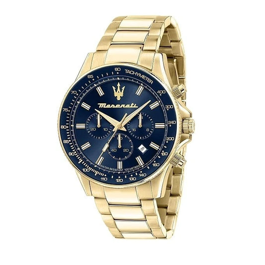 Maserati Sfida Analog Blue Dial Men's Watch R8873640008 Quartz 44mm Gold Band