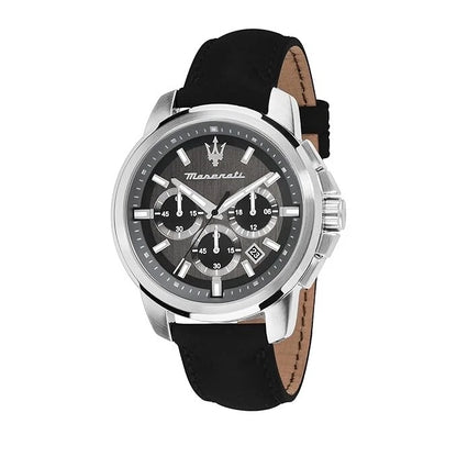 Maserati Successo Men's R8871621006 Quartz Steel Watch Black Leather Strap 44mm