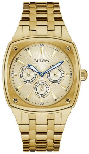 Bulova Multifunction White Dial Gold Steel Strap Watch for Men 97C105 43mm Dial