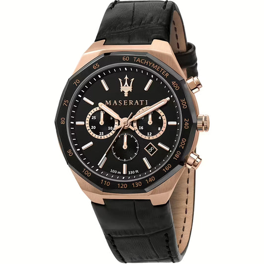 Maserati Stile Men's Chronograph Watch R8871642001 45mm Black Dial Leather Strap