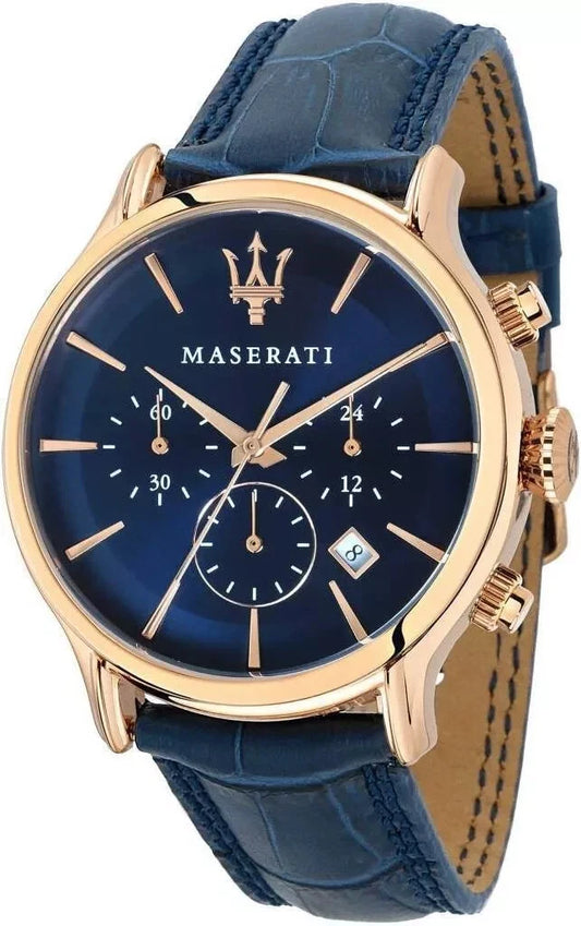 Maserati Epoca Men's R8871618007 Quartz Steel Watch Navy Blue Leather Strap 42mm