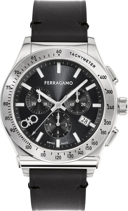 FERRAGAMO Watch SFKZ00123 1927 Chrono Analog Black Dial Black Leather Strap 41mm