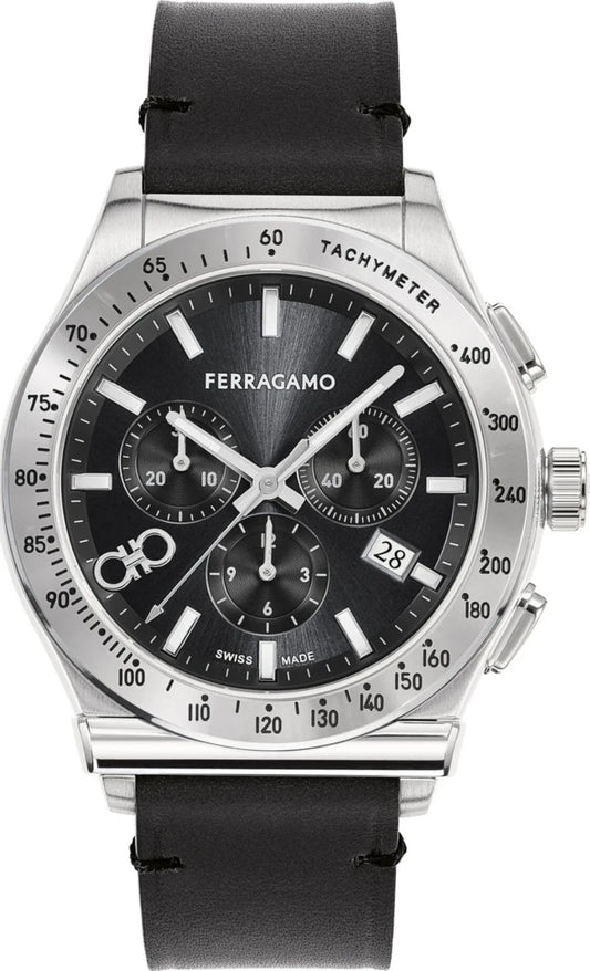 FERRAGAMO Watch SFKZ00123 1927 Chrono Analog Black Dial Black Leather Strap 41mm
