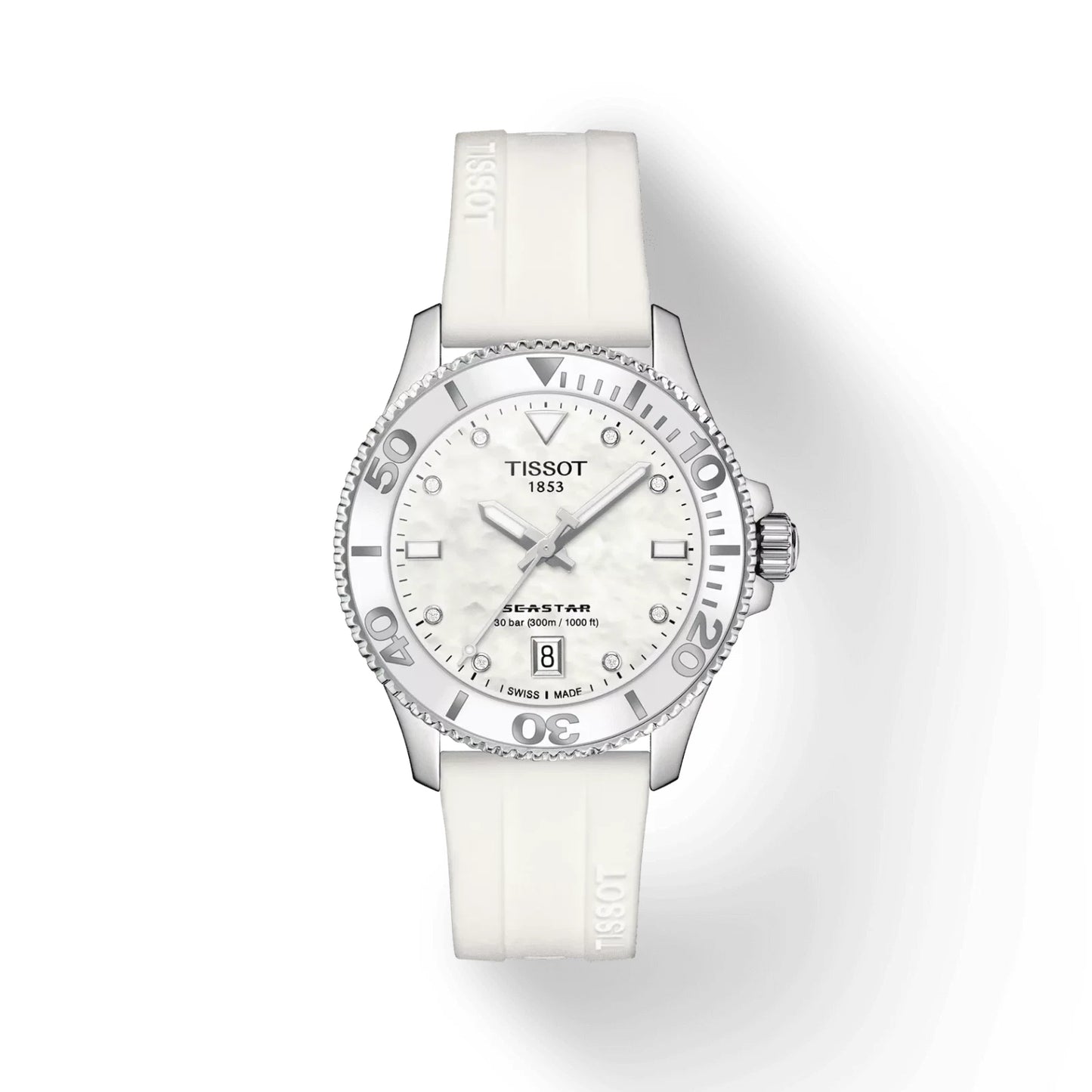 Tissot Seastar 1000 36mm MOP Dial White Rubber Quartz Watch T120.210.17.116.00