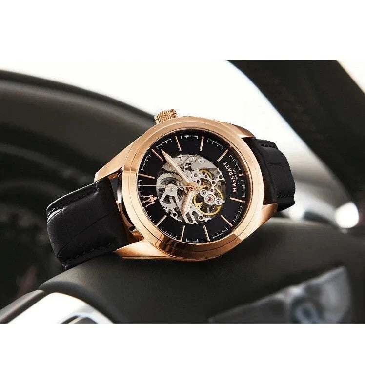 Maserati R8821112001 Traguardo Men's Automatic Skeleton Dial Leather Strap 45mm