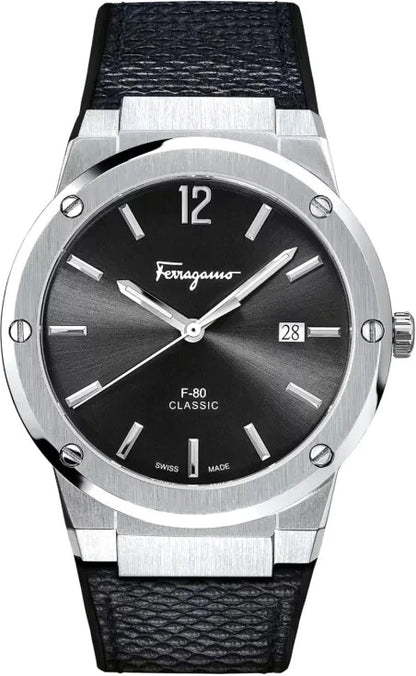 Ferragamo Men's F-80 SFDT00619 Classic Watch Black Strap Black Steel Dial 42mm