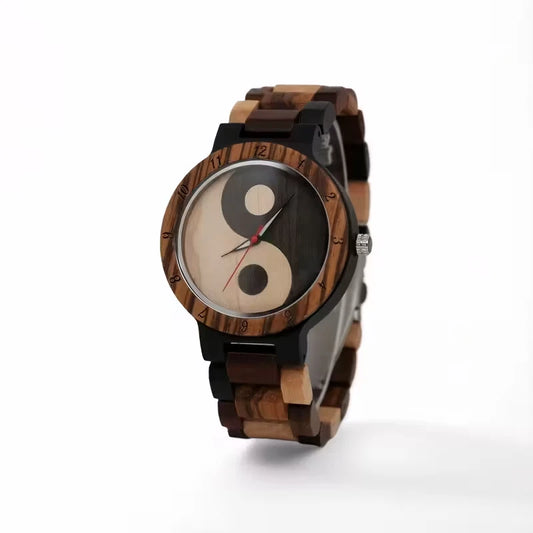 Philosopher Yin Yang Men’s Quartz Watch Vintage Chinese Design Wooden Strap