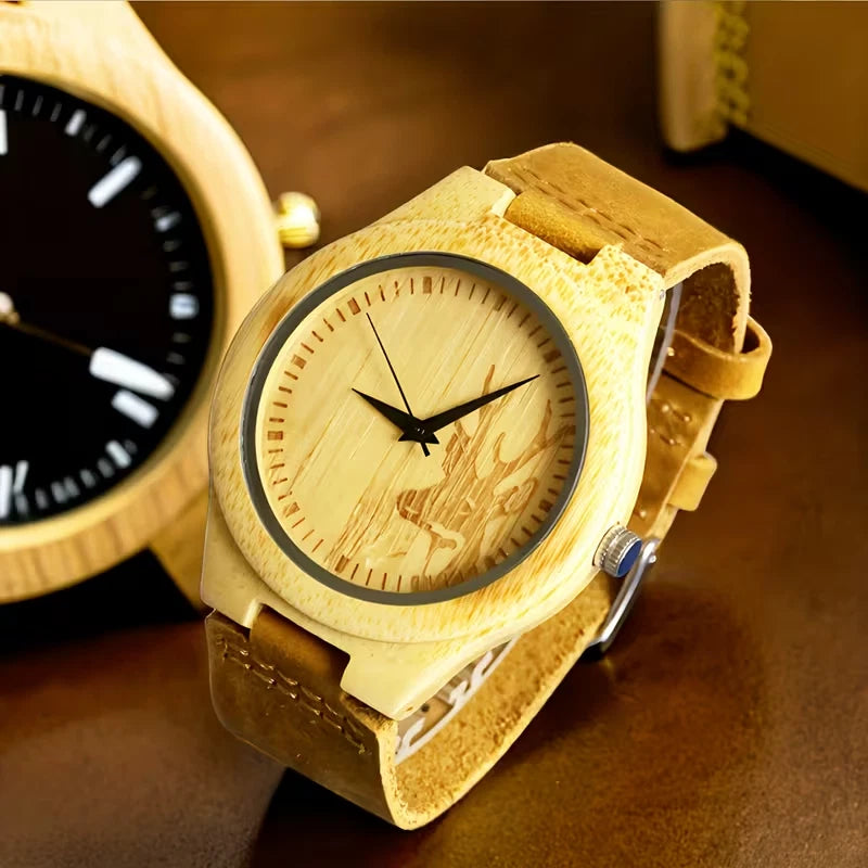 The Dear Hunter Wood Watch Men'S Quartz Watch with Faux Leather Strap Bamboo