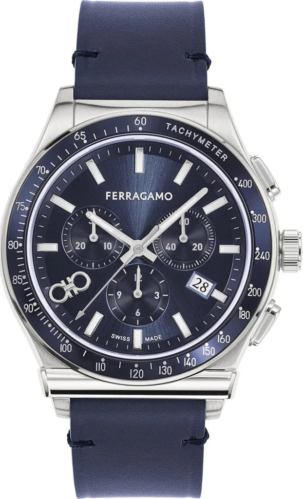 NEW Salvatore Ferragamo SFKZ00223 1927 Chrono Men’s Watch Blue Dial Leather