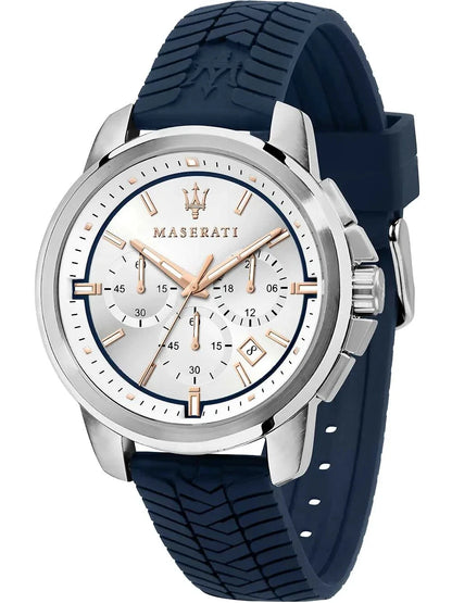Maserati Successo Chronograph Men's R8871621013 Blue Watch Silver Dial 44mm