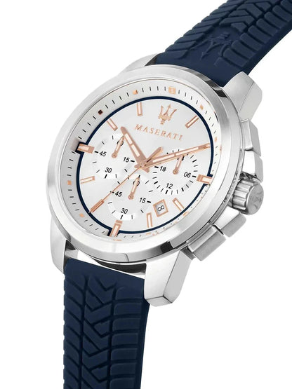 Maserati Successo Chronograph Men's R8871621013 Blue Watch Silver Dial 44mm