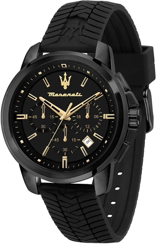 Maserati Successo Men R8871621011 Stainless Steel Silicone Strap Black Dial 44mm