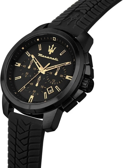 Maserati Successo Men R8871621011 Stainless Steel Silicone Strap Black Dial 44mm