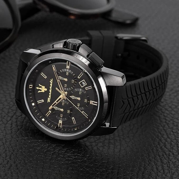 Maserati Successo Men R8871621011 Stainless Steel Silicone Strap Black Dial 44mm