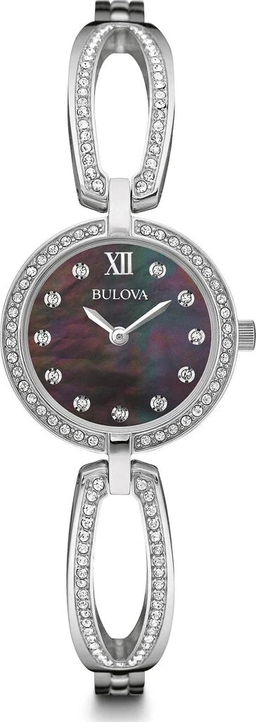 Bulova Women's 96L224 Swarovski Crystal Stainless Steel Black Dial Watch 26mm