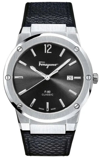 Ferragamo Men's F-80 SFDT00619 Classic Watch Black Strap Black Steel Dial 42mm