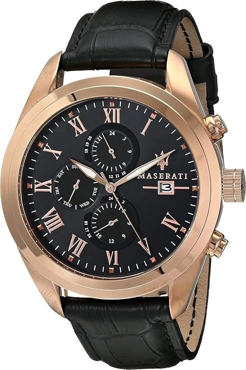 Maserati Traguardo Mens Gold-Plated Steel Quartz Watch R8871612002 Leather Strap