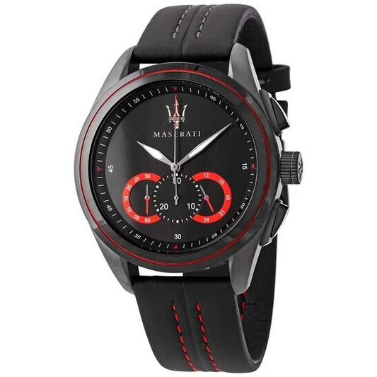 Maserati Men's Traguardo Quartz Watch R8871612023 Leather Strap 45mm Black Dial
