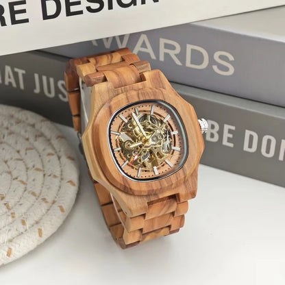 Nautilus Style Wooden Men’s Mechanical Watch Chronograph Date Brown Dial 40mm