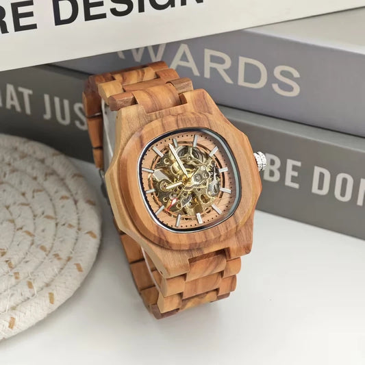Nautilus Style Wooden Men’s Mechanical Watch Chronograph Date Brown Dial 40mm