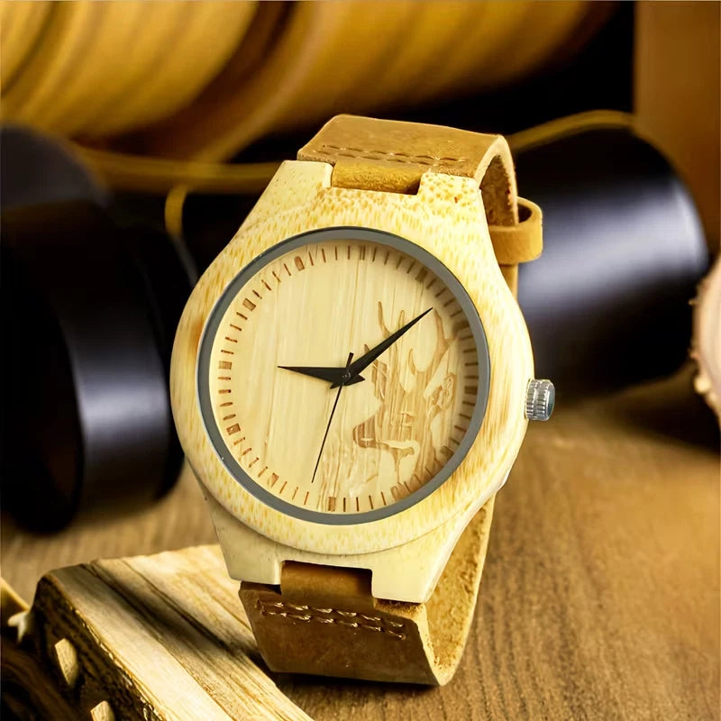 The Dear Hunter Wood Watch Men'S Quartz Watch with Faux Leather Strap Bamboo