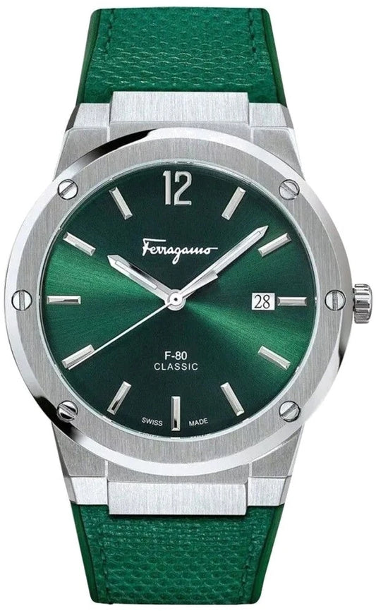 Ferragamo Mens F-80 SFDT00519 Classic Watch Green Silicone Strap Steel Dial 42mm