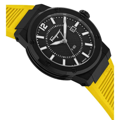 Salvatore Ferragamo F-80 Quartz Black Dial Yellow Rubber Strap Watch SFHY01522